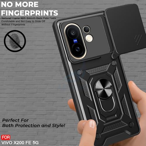 Image of AESTMO Tough Armor Vivo X200 FE 5G Bumper Back Case Cover | Ring Holder & Sliding Camera Shield Cover | 360 Degree Protection Back Case Cover for Vivo X200 FE 5G (Black)