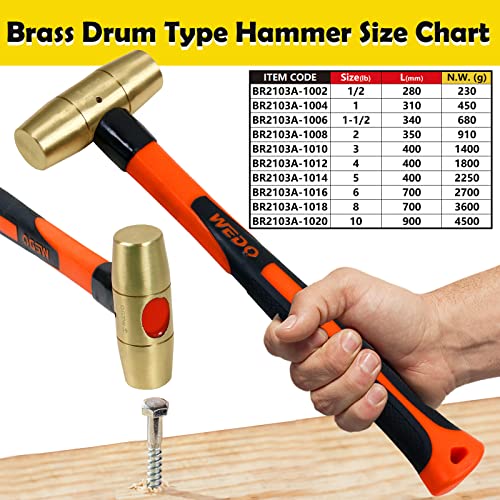 WEDO Club Hammer, Sledgehammer, Brass Hammer with Fiberglass Handler, Non-Magnetic, Die-Forged, Corrosion Resistant - Image 2
