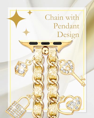 Image of Slim Gold Metal Band Compatible with Apple Watch Bands for Women 38mm 40mm 41mm 42mm 44mm 45mm 46mm, Dressy Designer Charm Bracelet Thin iWatch Bands for SE 3 2 1 Series 11 10 9 8 7 6 5 4 3 2