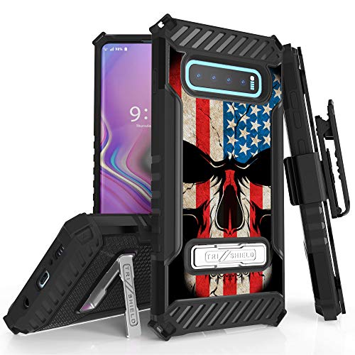 Beyond Cell TRISHIELD Series Rugged Cover with + [Belt Clip Holster] + [Built in Kickstand] Compatible with Galaxy S10 Plus- US Flag Skull #2