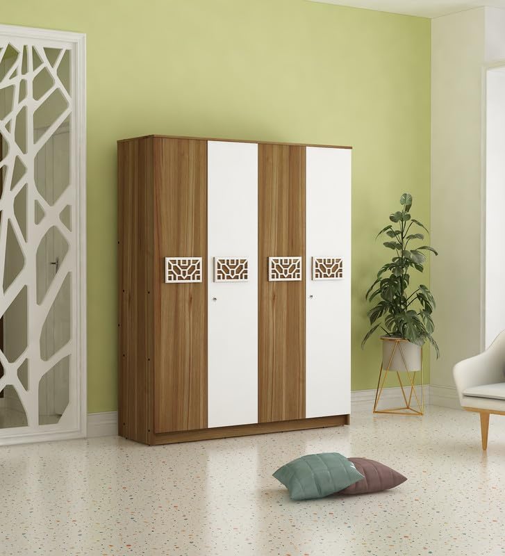 Image of Castle Multipurpose 4-Door Wardrobe | Engineered Wood | Spacious Closet Storage | Lyon Teak & White Finish | Sturdy & Durable | Easy Knock-Down Assembly