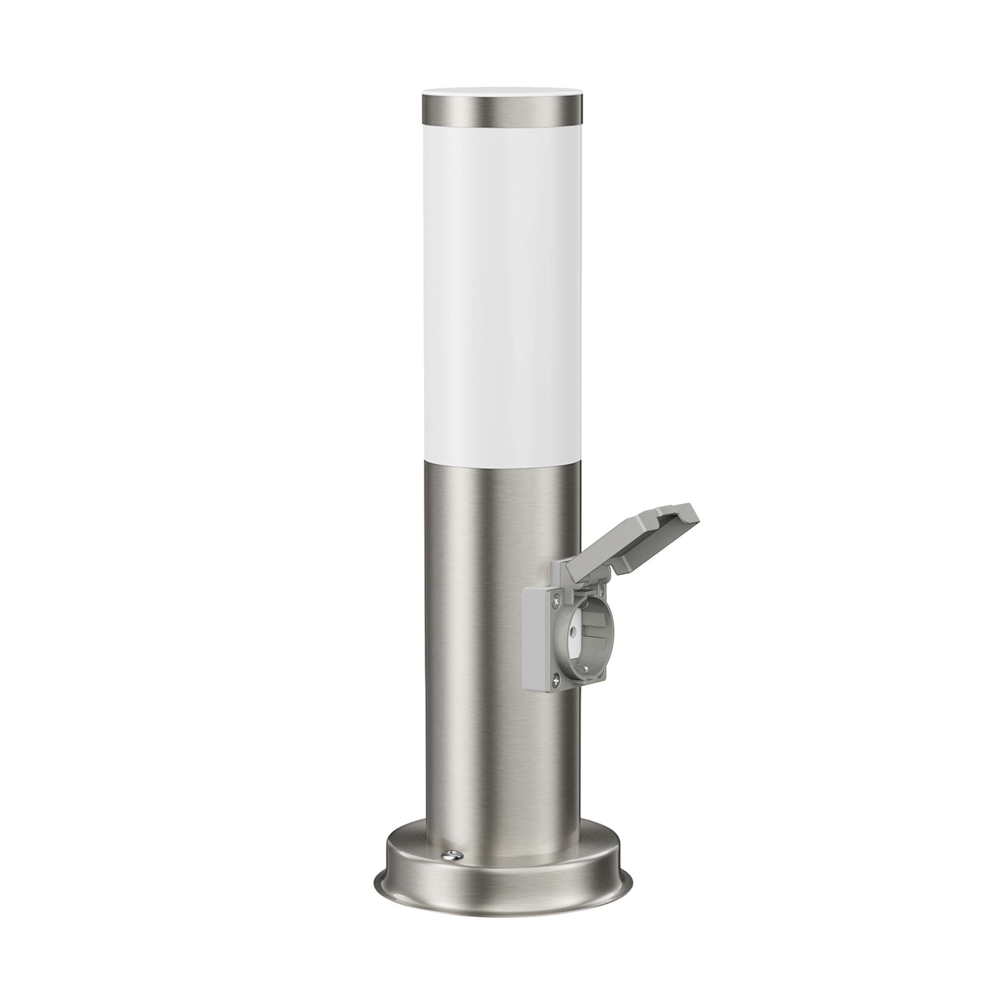 ledscom.de Borne d'éclairage PORU Capteur pour l'extérieur, 38cm, inox, prise de courant, ampoule E27 471lm incluse, blanc extra-chaud