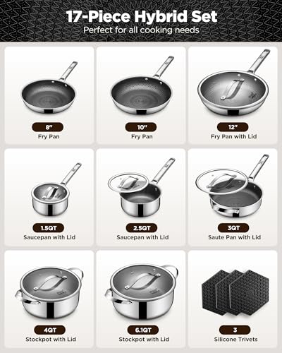 Image of Pots and Pans Set Hybrid Stainless Steel, 17PC Nonstick Tri-Ply Cookware Set w /Frying pan, Dishwasher & Oven Safe, PFOA-Free, Metal Utensil Safe, Suitable for All Cooktops