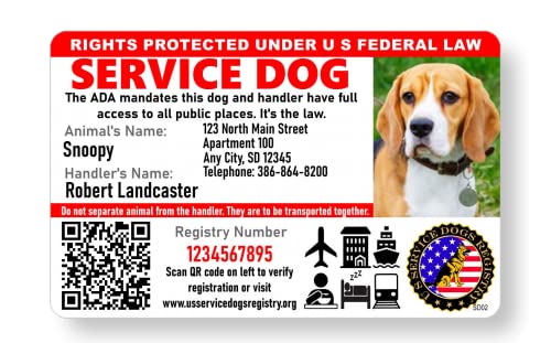 Just 4 Paws Custom Service Dog ID Card with QR Code & Security Seal and Optional Holograph | Registration to U S Service Dogs Registry Plus ID Holder & Digital ID - Landscape Style