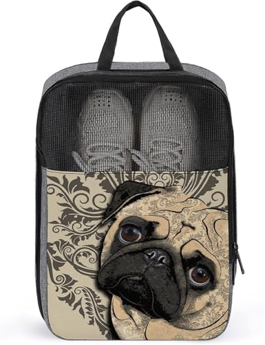 靴入れ靴バッグダマスク犬柄シューズケースシューズ入れシューズ袋シューズバッグ靴入れ袋持ち手付き通気性防水防塵防臭型崩れ防止超軽量圧縮携帯便利多機能半透明トラベルグッズ旅行靴収納出張学校バスケットボール履き替え家庭用耐久性男女兼用
