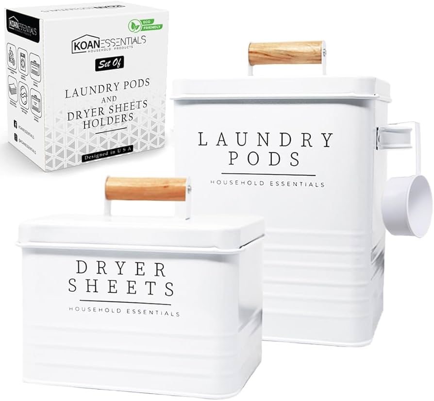 Farmhouse Metal Laundry Pods Container with Dryer Sheet Holder for Laundry Room Organization and Storage, Farmhouse Decor, Eco Frendly,Holds 200 Laundry Pods and 300 Dryer Sheets
