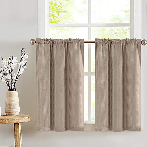 Lazzzy Kitchen Curtains Cafe Curtains 36 Inch Waffle Textured Tier Curtains for Bathroom Half Window Curtain Set for Living Room Bedroom Light Filtering Drapes Rod Pocket 2 Panels Taupe