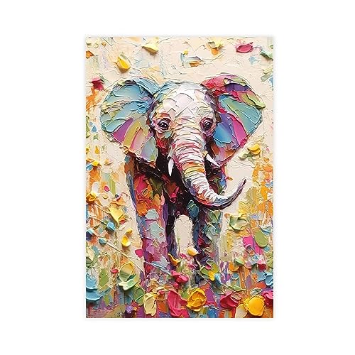 Fyzuf Elephant Wall Art - Oil Painting on Canvas, Cubism Style, Colorful Elephant Aesthetic, 12x18inch (30x45cm) Unframed