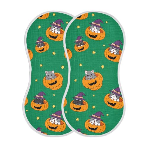 2 Pack Baby Burp Cloths, Soft Absorbent Burping Cloths for Babies, Cotton Milk Spit Up Rags, Large Size for Newborns, Baby Boys and Girls (Witch Cat Pumpkin)2