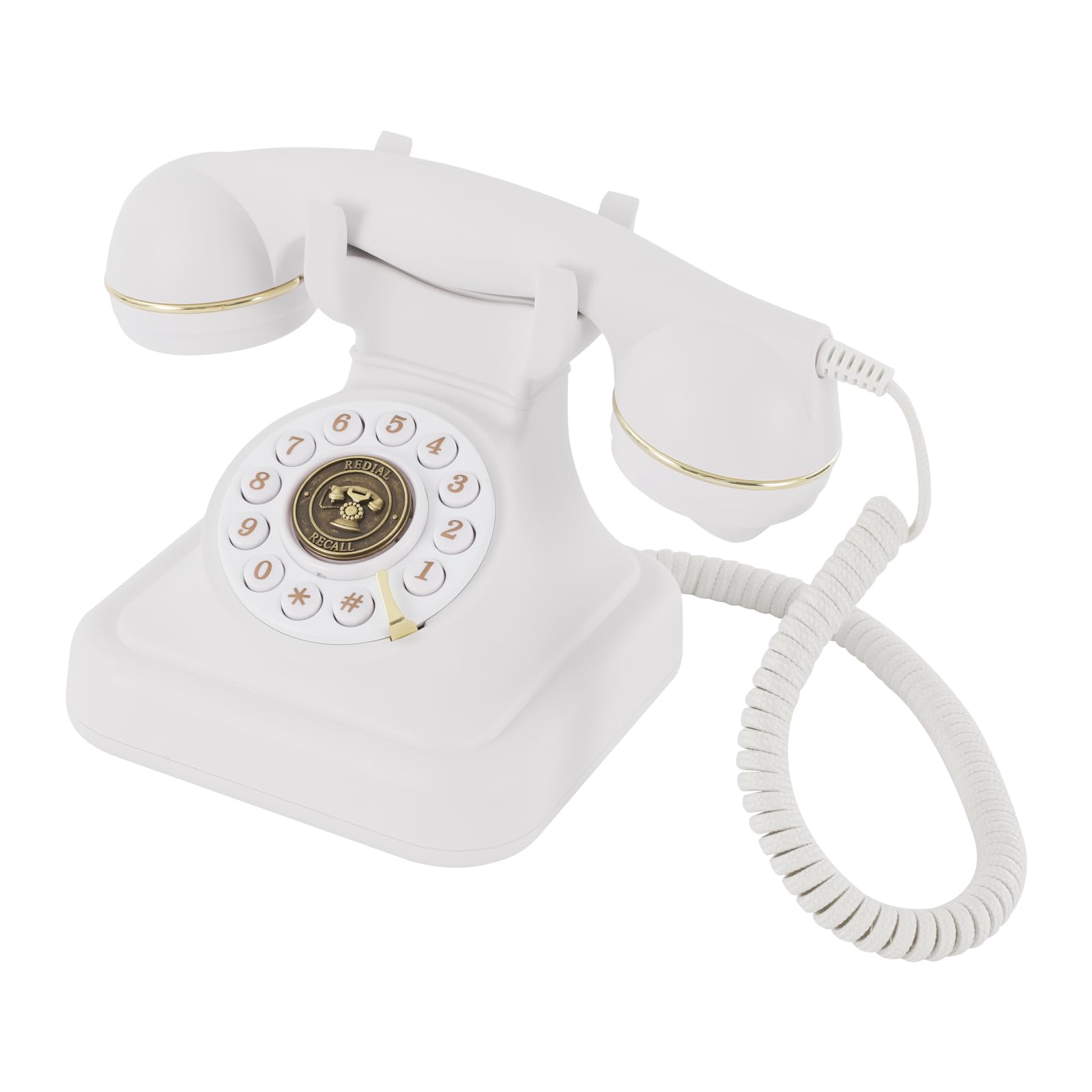 Antyczny telefon, biały, w stylu vintage, z regulacją głośności, przycisk ponownego wyboru, klasyczny europejski telefon stacjonarny, bez baterii, kompaktowy telefon stacjonarny w stylu retro, do