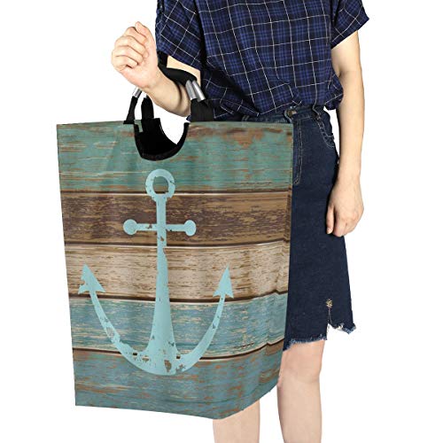 Retro Wooden Board Anchor Large Laundry Basket Vintage Beach Sea Ocean Marine Nautical Theme Collapsible Laundry Hamper with Handles Waterproof Clothes Washing Bin Dirty Baskets Storage - Image 6