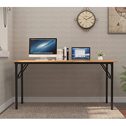 Image of Need Home Office Desk - 62 Inches Large Computer Desk Sturdy Black Table Foldable Desk Gaming Computer Table No Assembly Required Teak AC5BB(157.5 * 60)