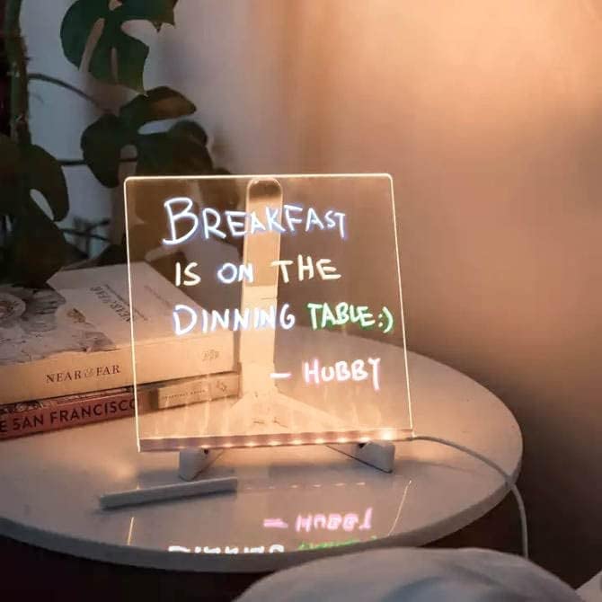 CHIDDHAN Acrylic Rewritable LED Message Board with Pen – Writing Pad Table Lamp for Study, Office, Home Decor, Gift – Dimmable Light Up Note Board with Stand for Desk or Bedside Use 1