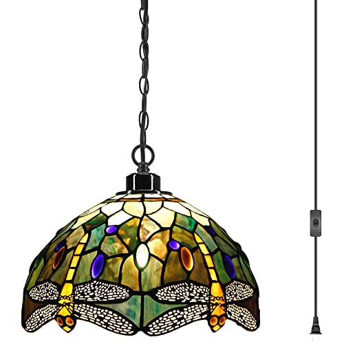 Zjart Tiffany Style Plug In Pendant Light 12 Inch Yellow Dragonfly Style Stained Glass Hanging Lamp Chandelier Swag 15 Feet Cord Adjustable With Switch, Decor Kitchen Island Living Dining Room #TOP8