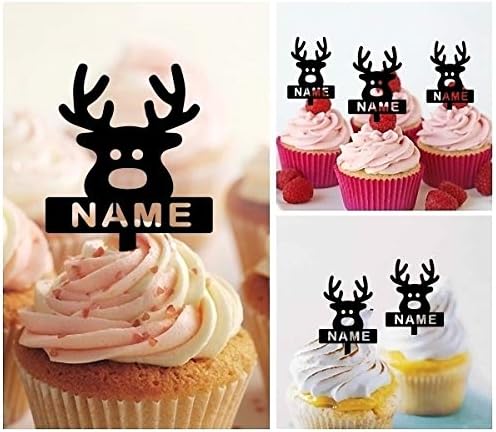 TA0972 Cute Reindeer Xmas Silhouette Party Wedding Birthday Acrylic Cupcake Toppers Decor 10 pcs with Personalized Your Name