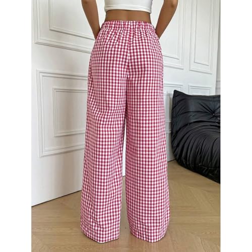 Women Plaid Print Pants Casual Elastic Waist Wide Leg Checkered Trousers Vintage Loose Bottoms Streetwear3