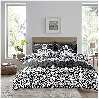 Lions Damask Black Bedding Set - 4 Piece King Size Bed Duvet Cover with Pillowcase Fitted Sheet, Soft Reversible Quilt Covers, Reversible Poly Cotton(1 Duvet Cover, 2 Pillow Case, 1 Bed Sheet)