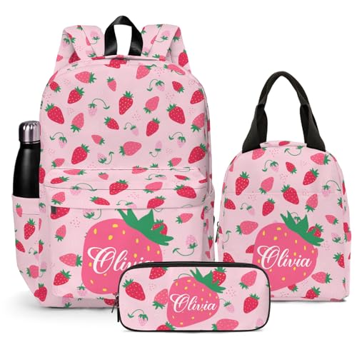 Personalized Strawberry Backpack for School, Cute Fruit Pattern Printed Kids School Bag Pink Bookbag Backpack Set with Lunch Bag Pencil Case