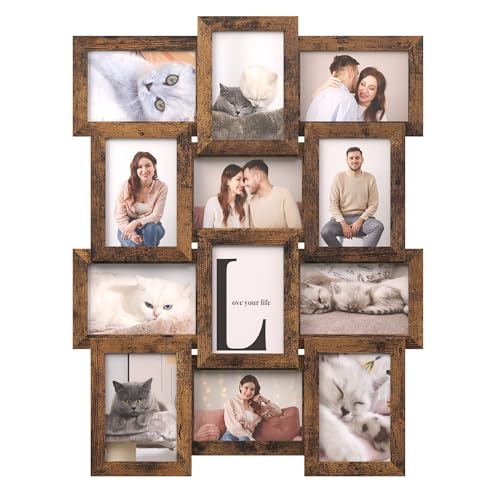 SONGMICS Collage Picture Frames, 4x6 for Wall Decor Set of 12, Multi Family Photo for Gallery Decor, Hanging Display, Assembly Required, Rustic Brown