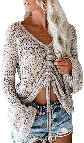 Saodimallsu Womens Boho Off Shoulder Crop Tops Bell Sleeve Flowy Oversized Crotchet Pullover Sweaters Cover Ups (Large, Grey)