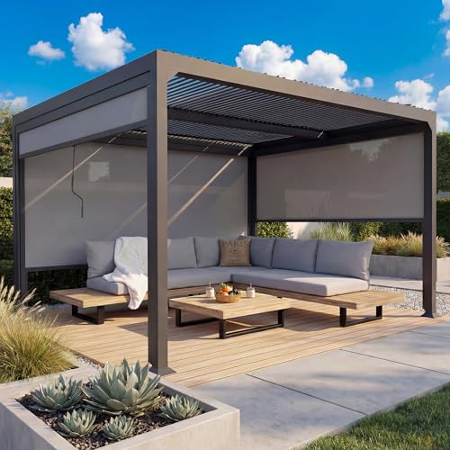 Pérgola de aluminio HWC-L41AM con 3 paredes laterales, cenador, estructura de metal estable de 8 cm, 3 x 3,7 m, antracita