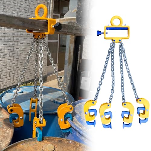 Steel Drum Grabber, Crane Forklift Drum Lifter with Carbon Steel Lifting Chain & Widen Hook, Metal/Plastic Barrel Clamp Lift for Garage Workshop(4 Chains - Load 2t)