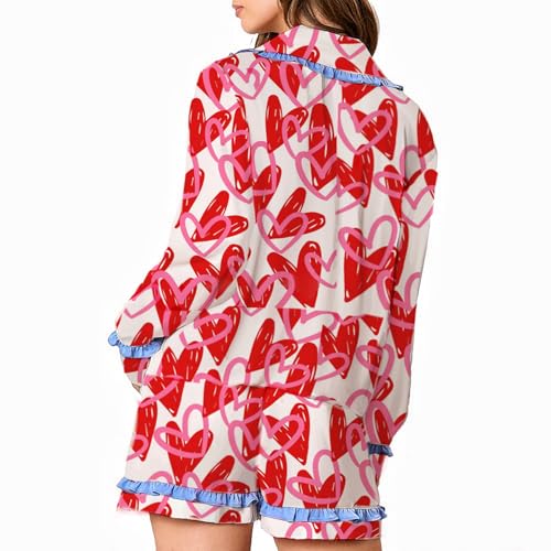 Image of Tenopuli Women Silk Satin Pajama Set Heart Print Bow Tie Long Sleeve Top Shorts Sleepwear Cute 2 Piece Loungewear