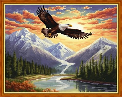 Image of Dooxvey Cross Stitch Kits for Adults Beginners,Full Range of Cross-Stitch Stamped Kits Needlepoint Kits for Beginners Embroidery Kits 11CT Cross Stitch Patterns-Sunrise Eagle 16x20 inch