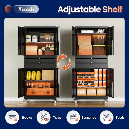 Image of Yizosh Metal Garage Storage Cabinet with Locking Doors and Adjustable Shelves, 74 inch Rolling Tool Storage Cabinet with 4 Wheels and 2 Drawer for Garage,Warehouse