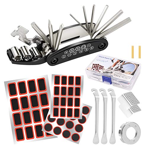 QKURT Bike Tire Puncture Repair Kit, Home Bike Tool Portable Patches Fixes Bicycle Cycling Mechanic Repair Tool Kit with 16 in 1 Muti-Function Repair Tool Bike Tire Levers Patches Spoke Wrench