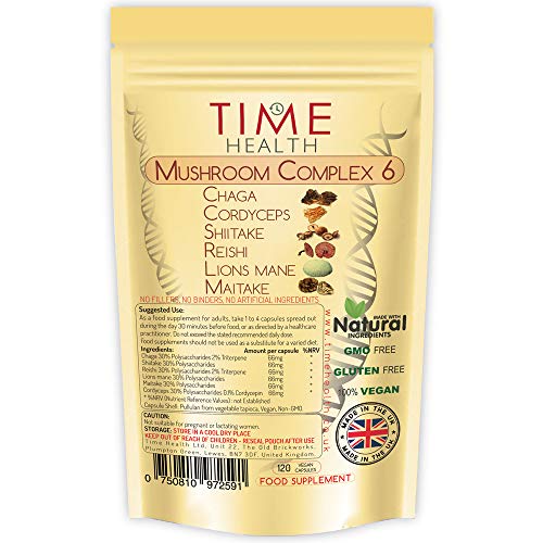 Mushroom Complex 6 | 120 Capsules | Maximum Strength 12000mg per Capsule | Chaga, Cordyceps, Shiitake, Reishi, Lions Mane, Maitake | Zero Additives | 100% Vegan | UK Made (120 Capsule Pouch)