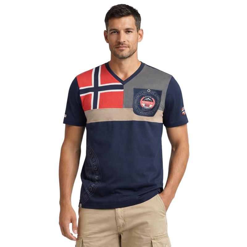 Geographical Norway J-Flag Men t-Shirt Homme col V Manches Courtes – Tee Shirt léger et...