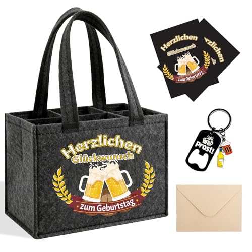 Bingqiling Biertasche aus Filz für 6 Flaschen mit Flaschenöffner Anhänger - Witziges Geburtstagsgeschenk für Männer Kollegen Vater - Inklusive Grußkarte