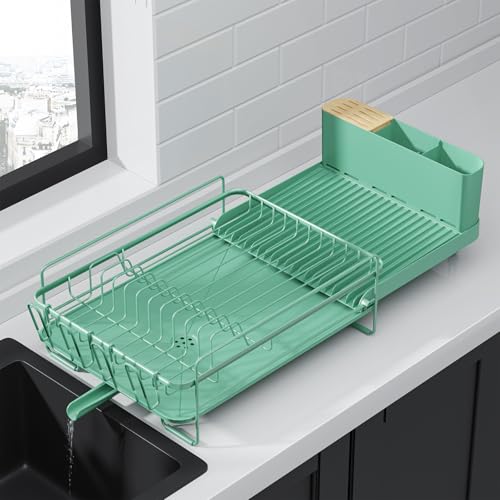 Image of Kitsure Extendable Dish Drying Rack, 19.2 inch-26.7 inch L x 12.9 inch W, Green | Large Dish Rack, Multifunctional Dish Rack for Kitchen Counter, Anti-Rust Dish Drainers with Cutlery & Cup Holders