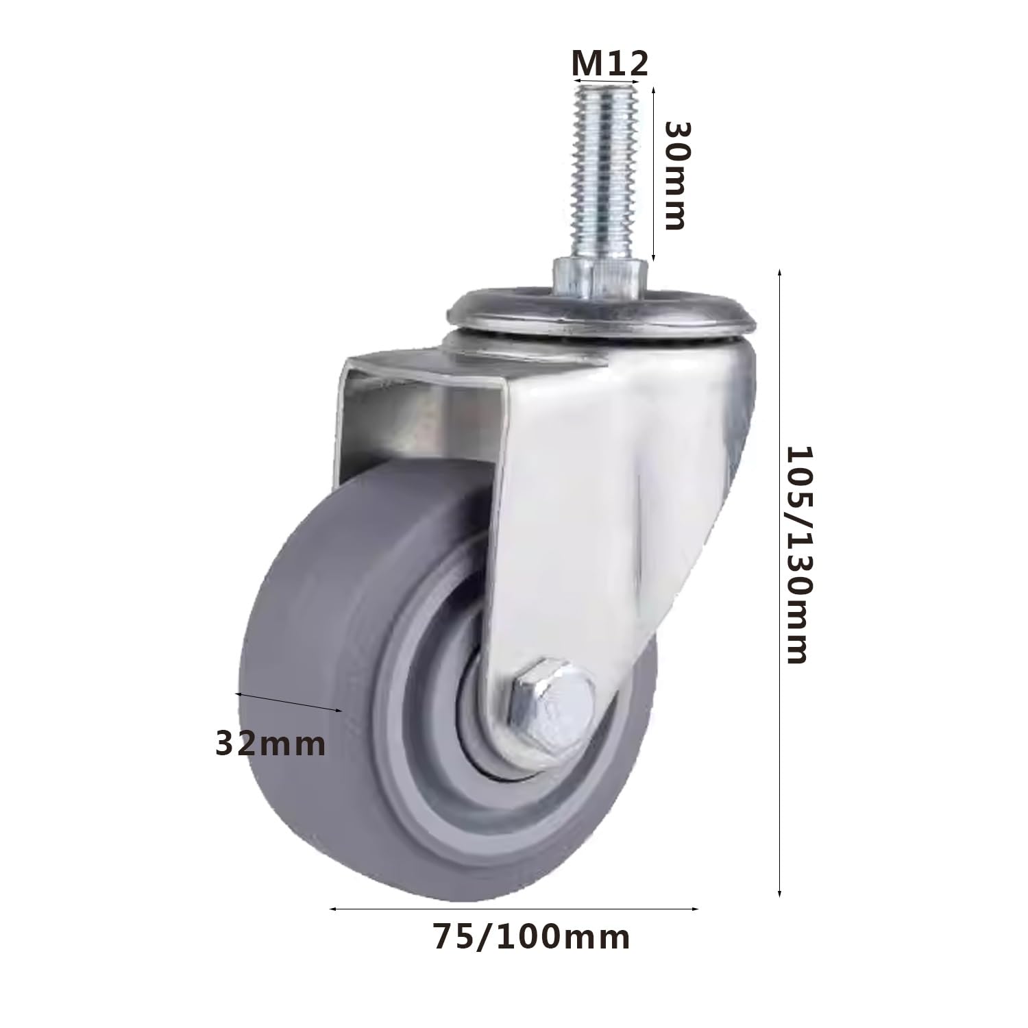 M12-Gewindestangen-Lenkrollen, 4er-Set, 75/100 mm, schwenkbar, mit Bremse, rutschfest, Industrierollen für Wagen und Schränke, 4 Zoll, Schwerlastrollen