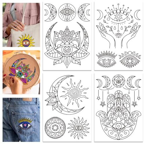 GLOBLELAND 4 Sheets Hamsa Hand Water Soluble Stabilizer Tarot Evil Eye Hand Embroidery Stick and Stitch for DIY Sewing Embroidery Adhesive Hand Sewing Stabilizers 11.7x8.3inch