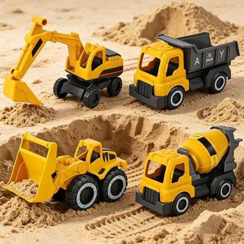 FUFRE Sandspielzeug Bagger 4 Stück Bagger Sandkasten Set Wiederverwendbar Sandkasten Spielzeug Betonmischer Spielzeug Reibungsgetriebene Baustellenfahrzeuge Aus Kunststoff Für Jungen & Mädchen (A)