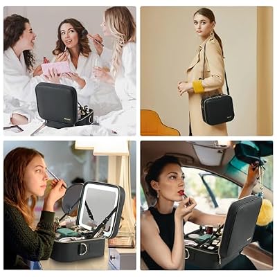 Mocado Travel Makeup Bag with LED Lighted Mirror,Travel Makeup Organizer,Makeup Case with 3 Color Lighted Setting and 10x Magnifying Mirror,Portable Storage and Adjustable Dividers Makeup Box(Black)