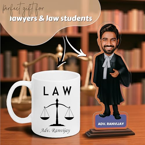 Image of SAVRI Personalized Lawyer Gift Combo - Customized Acrylic Caricature 6x8 inch with Name Mug | Advocate, Vakil, Judge & Law Student Gift | Legal Professional Desk Decor | Graduation & Birthday Gift