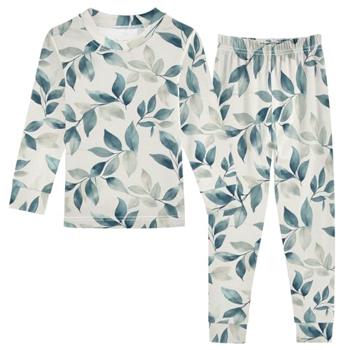Fustylead Watercolor Teal and Gray Leaves Pajamas Cotton Sleepover PJ Set Long Sleeve Lounge Wear
