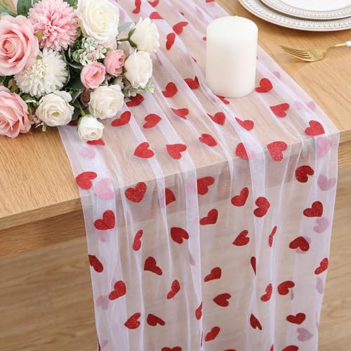 Amabro Chemin de table en tulle avec cœurs et pois - 70 x 300 cm + 40 x 140 cm - Lavable - Décoration de table pour cuisine, salon, Saint-Valentin, mariage,...