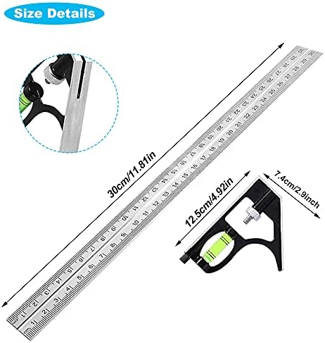 DURANTEY Combination Square Stainless Steel Right Angle Ruler Measurement Tools Adjustable Metric Carpentry Square Engineers Set Square 45/90 Degree with Bubble Level for Woodworking (30*12.5cm)