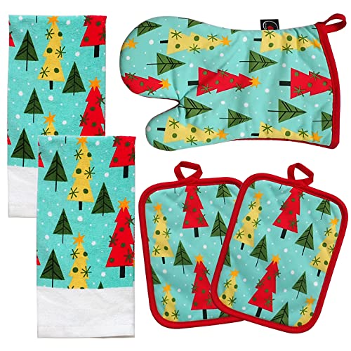Ofenhandschuhe und Topflappen, Geschirr-Set, 100 % Baumwolle, perfekt zum Verschenken, Backen und täglichen Kochen, langlebig, hitzebeständig für die Küche (5-teiliger Weihnachtsbaum) Cover