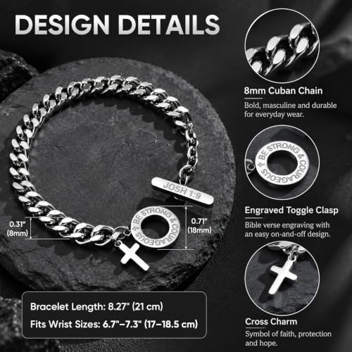 TempBeau Cross Bracelet for Men, Stainless Steel Cuban Link, Joshua 1:9 - image 5