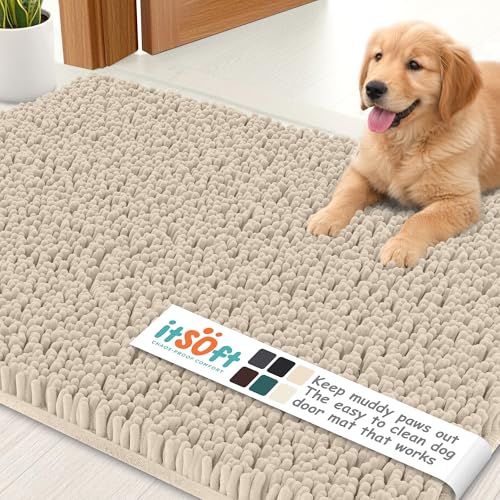 ITSOFT Dog Rugs for Muddy Paws 22x14 | Cleaner, Mud Free Floors | Dog Door Mat for Muddy Paws Muddy Rug for Dogs Absorbent Chenille Machine Washable w Non Slip Backing Outdoor Pets & Paw Matt, Beige