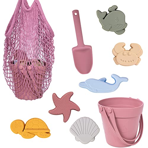 Garnome Silicone Beach Toys for Kids 3-10, Sand Bucket, Shovel, 3D Marine Theme Molds and Mesh Beach Bag 9-Pack, Outdoor…