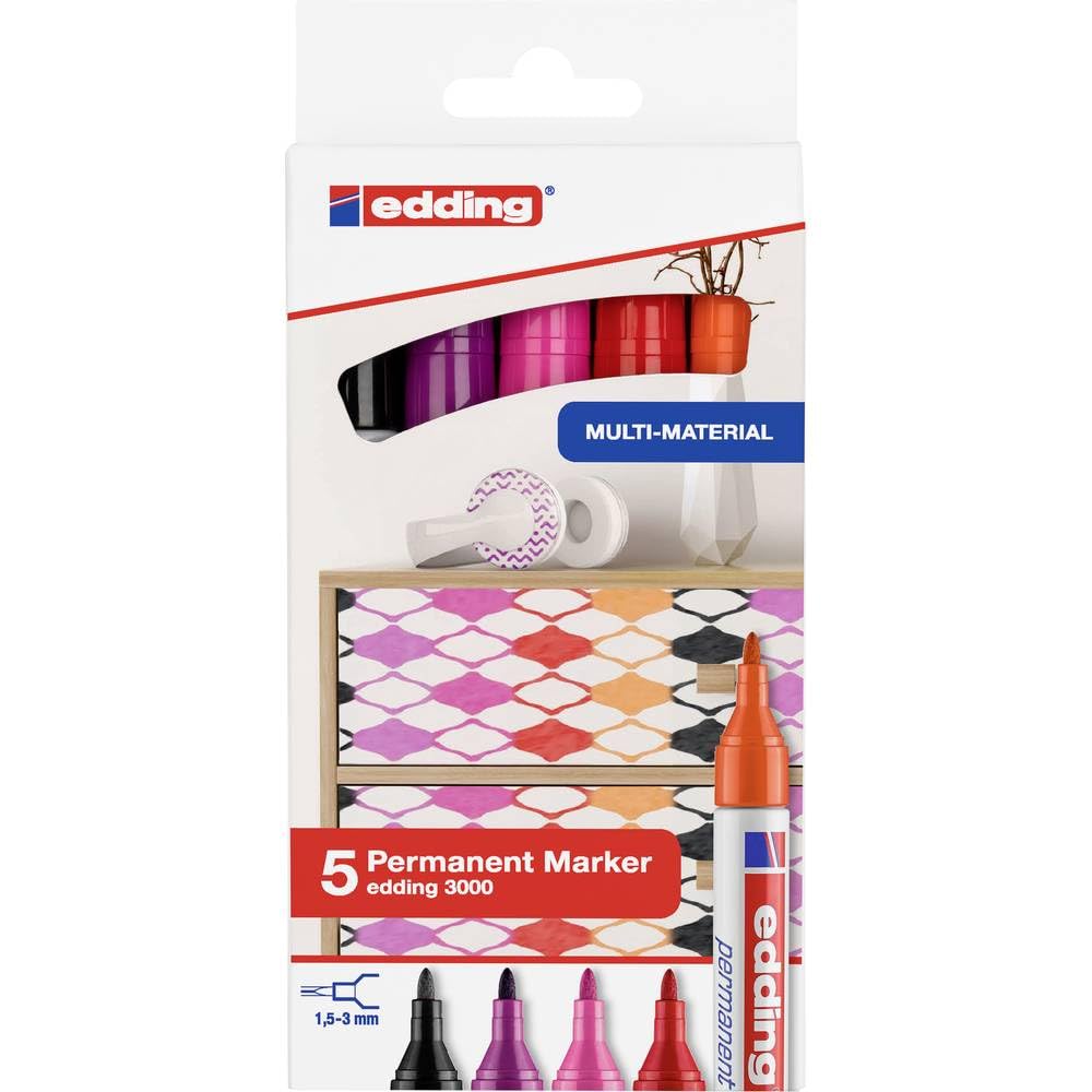 Edding 3000 permanent marker - red orange pink magenta black - set of 5 - round tip - indelible quick dry water and smudge resistant - cardboard plastic wood metal fabric