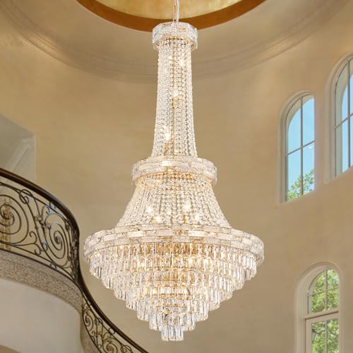 25-Light Gold Crystal Chandelier, 3-Layer High Ceiling Hanging Ch...