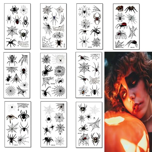 Halloween Tatuaggi, 10 Fogli di Adesivi per Tatuaggi Temporanei di Halloween Tatuaggi di Ragni Adesivi per il Trucco del Viso di Halloween Adesivi Impermeabili per i Tatuaggi di Trucco di Halloween