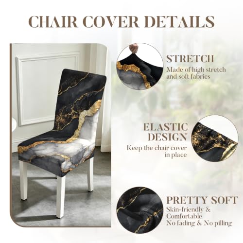 Image of Black Marble Dining Chair Covers Set of 4, Gold Vein Slipcovers